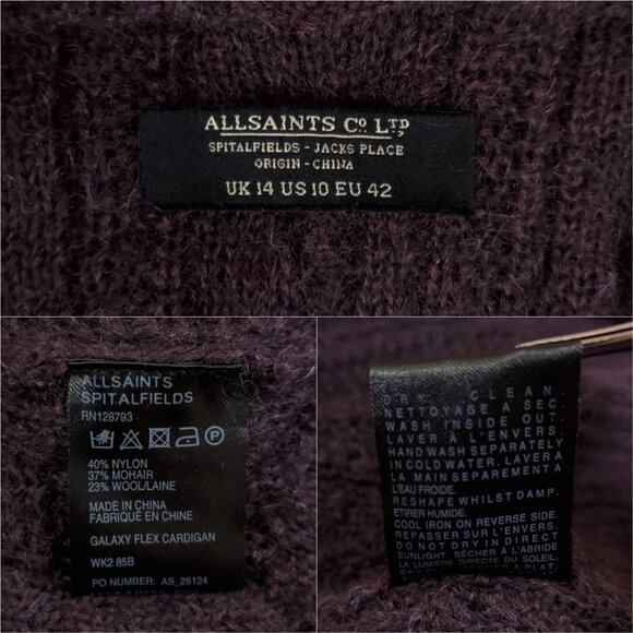 Allsaints Womens Size 10 Galaxy Flex Cardigan Mohair Wool Purple Brown - Picture 9 of 11